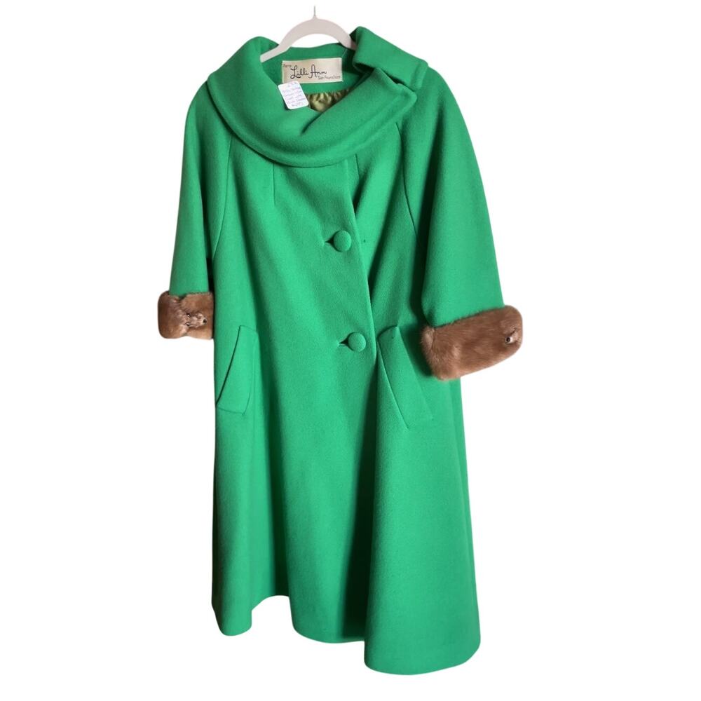 60's Vintage Lilli Ann Green Wool Swing Coat with Genuine Mink Fur Paris Glam